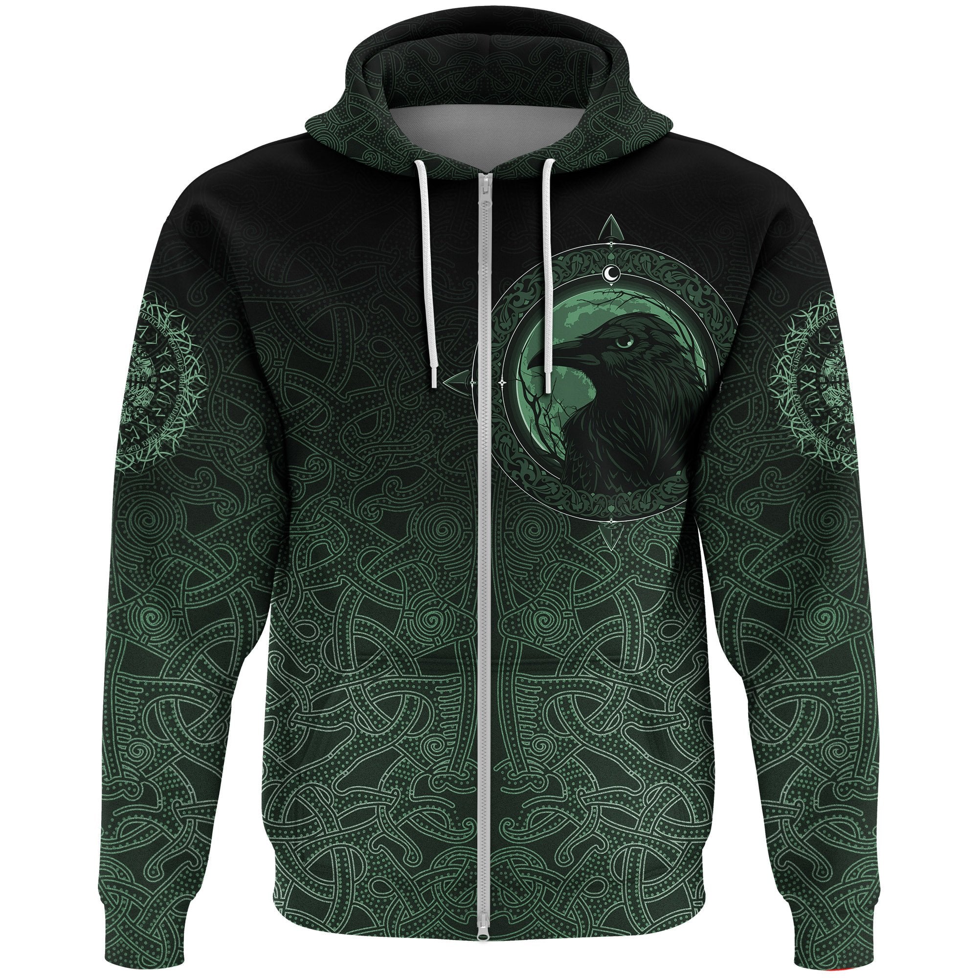 Viking Zip Hoodie, Ethnic Odin Raven Green RLT12