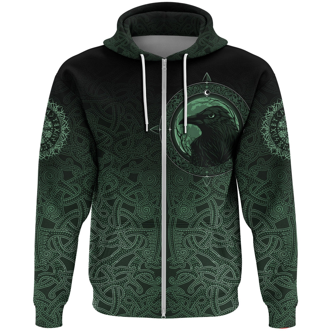 Viking Zip Hoodie, Ethnic Odin Raven Green RLT12