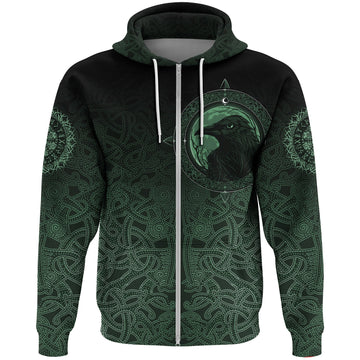 Viking Zip Hoodie, Ethnic Odin Raven Green RLT12