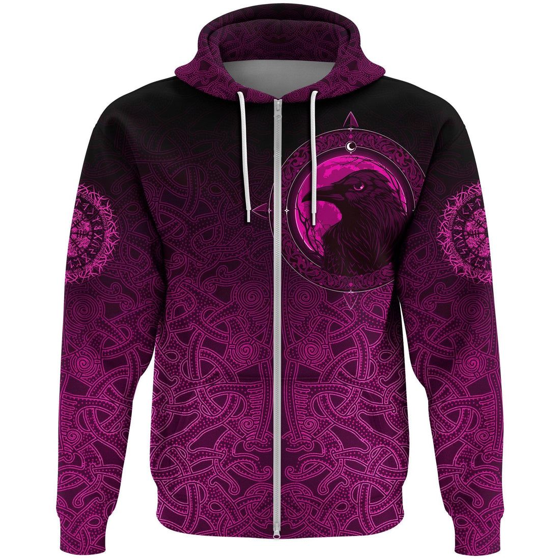 Viking Zip Hoodie, Ethnic Odin Raven Pink RLT12