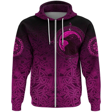 Viking Zip Hoodie, Ethnic Odin Raven Pink RLT12