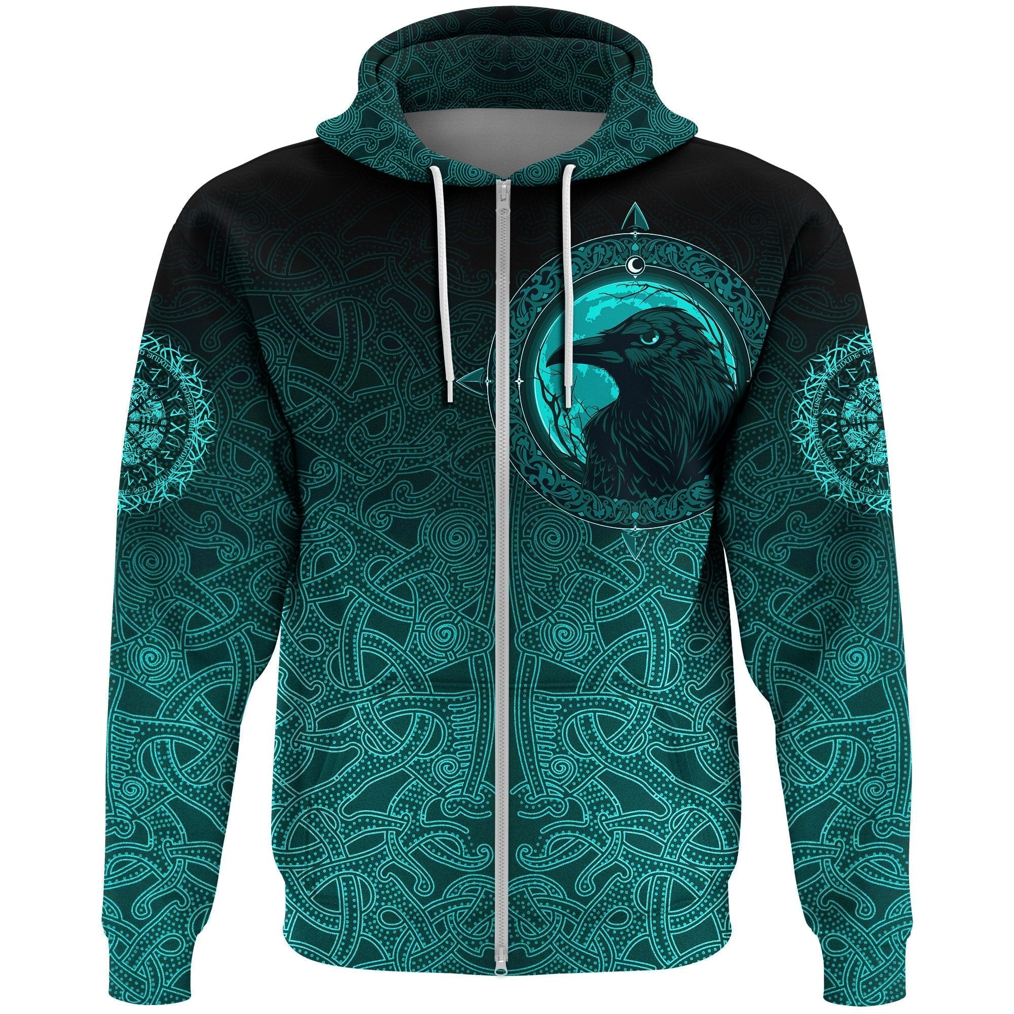 Viking Zip Hoodie, Ethnic Odin Raven Cyan RLT12