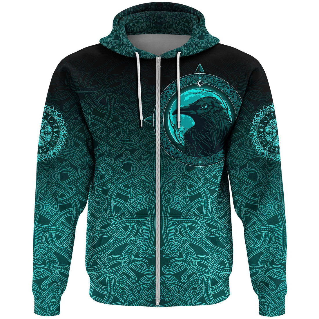 Viking Zip Hoodie, Ethnic Odin Raven Cyan RLT12