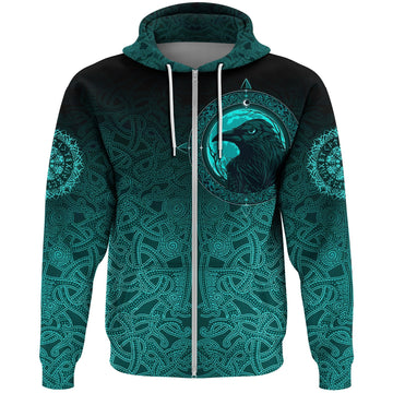 Viking Zip Hoodie, Ethnic Odin Raven Cyan RLT12