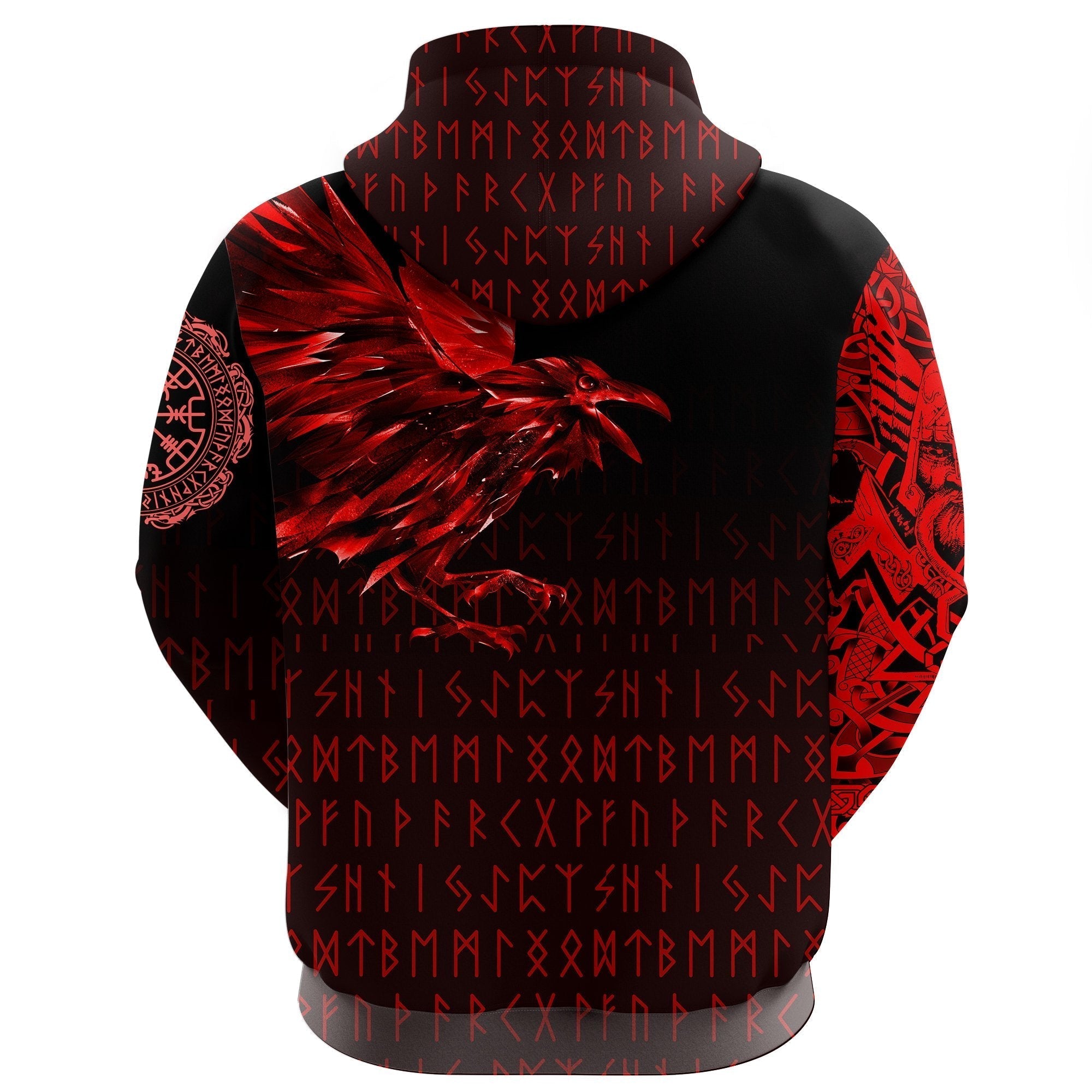 Viking Zip Hoodie - The Raven Of Odin Rune, Red RLT12