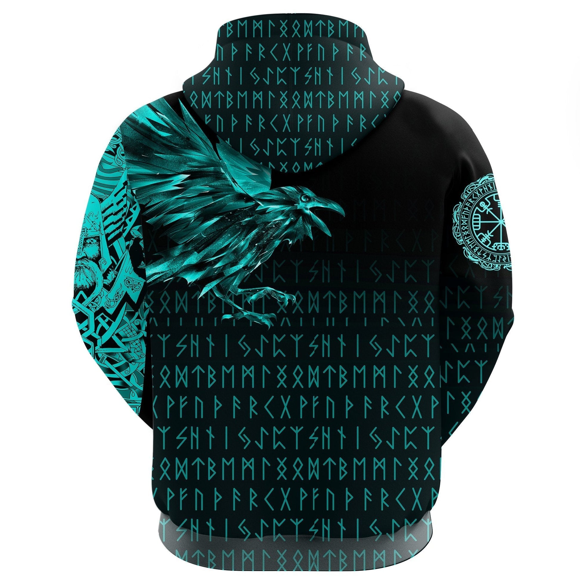 Viking Zip Hoodie - The Raven Of Odin Rune Cyan RLT12