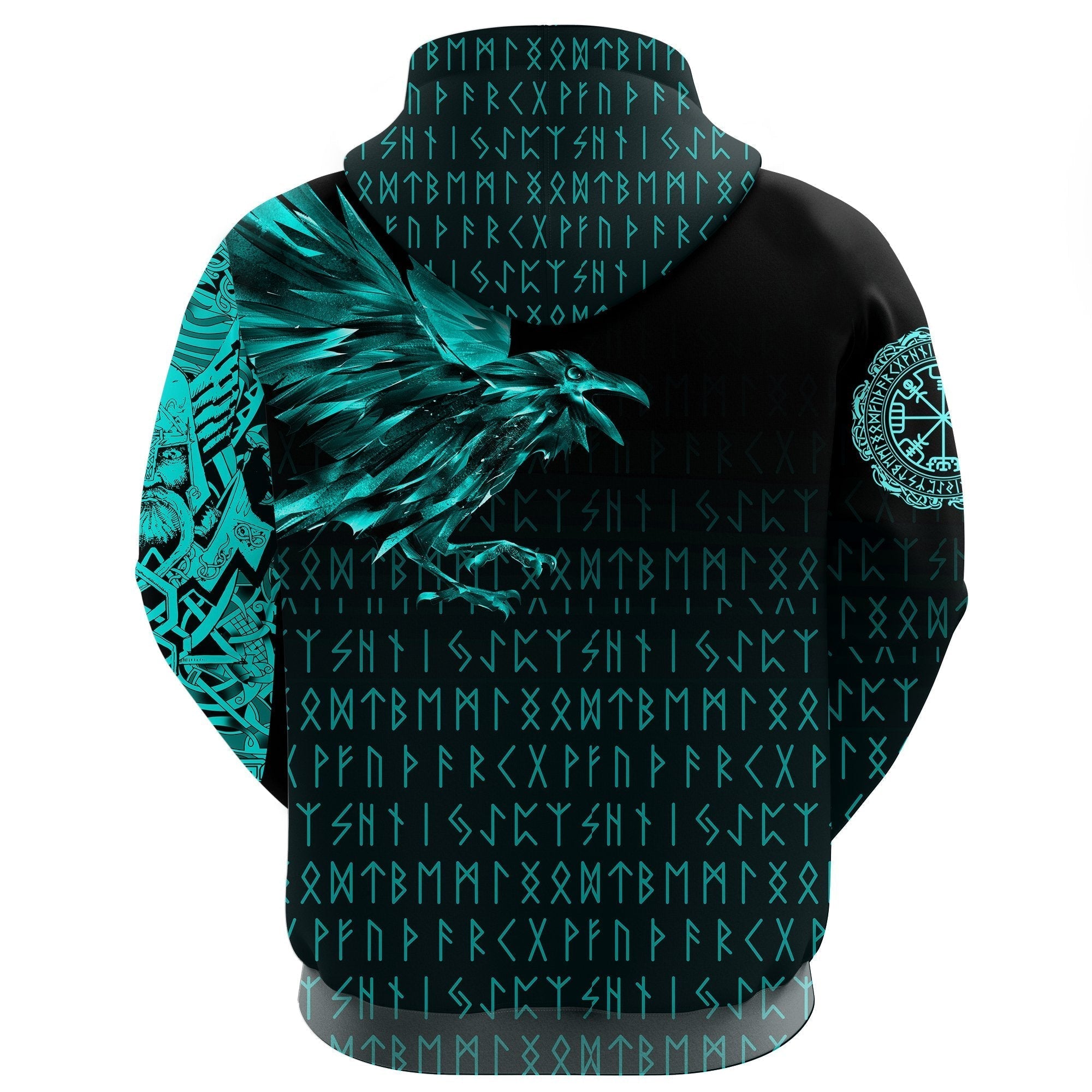 Viking Zip Hoodie - The Raven Of Odin Rune Cyan RLT12
