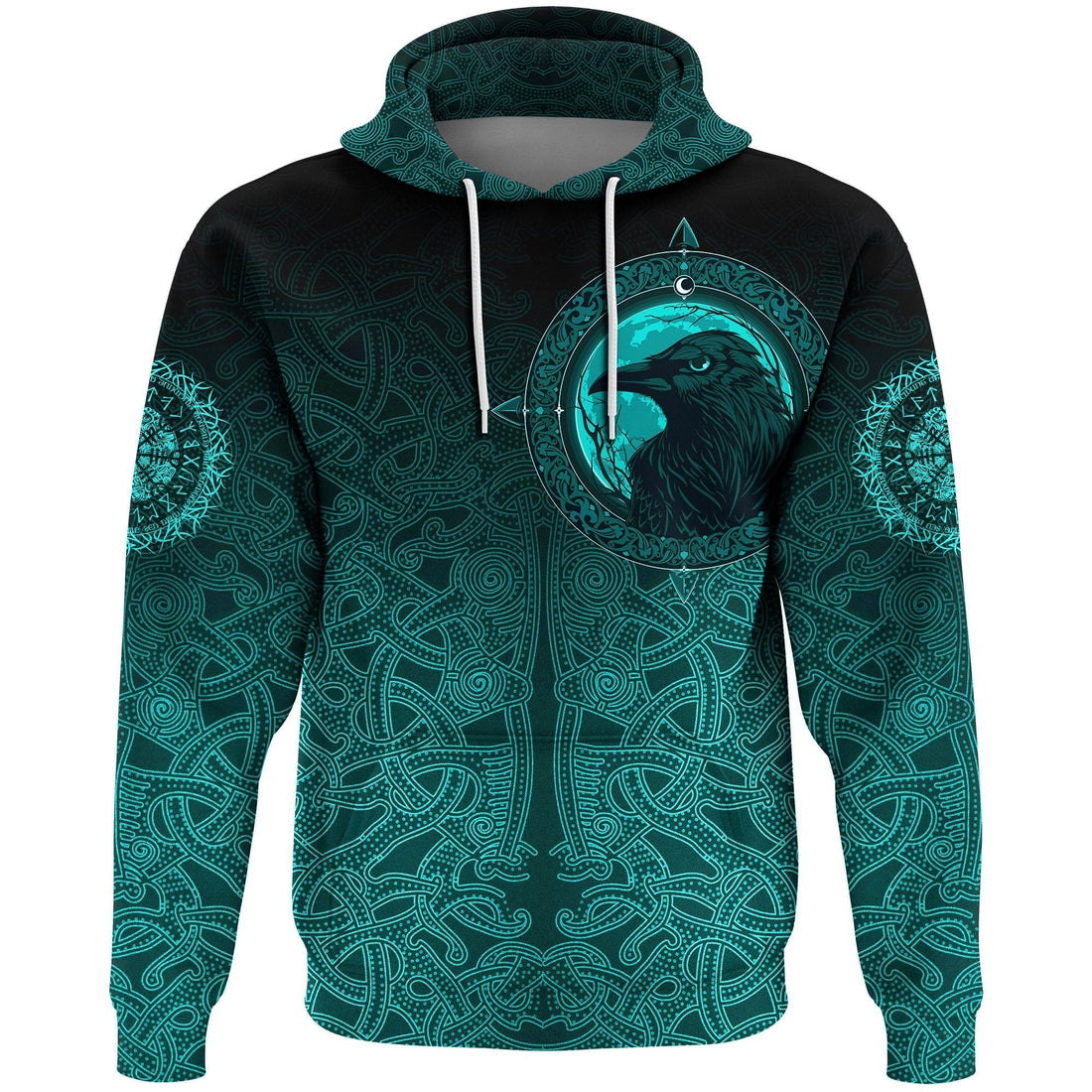 Viking Hoodie, Ethnic Odin Raven Cyan RLT12