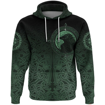 Viking Hoodie, Ethnic Odin Raven Green RLT12