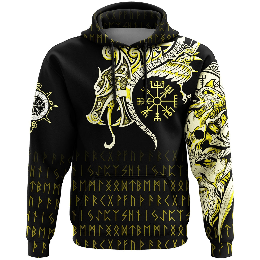 Viking Hoodie, Fenrir Raven and Vegvisir Tattoo Yellow RLT12
