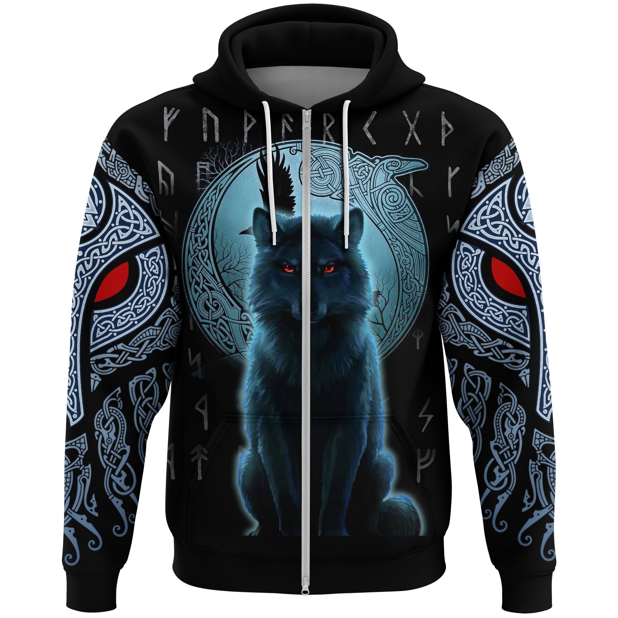 Viking Zip Hoodie, Fenrir Viking Wolf and Moon RLT12