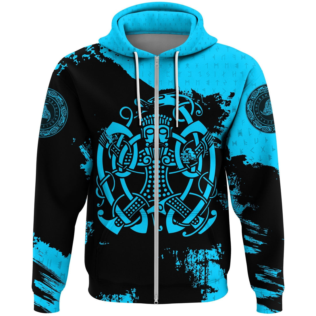 Viking Zip Hoodie, Loki Bound Triskele Rune Cyan RLT12
