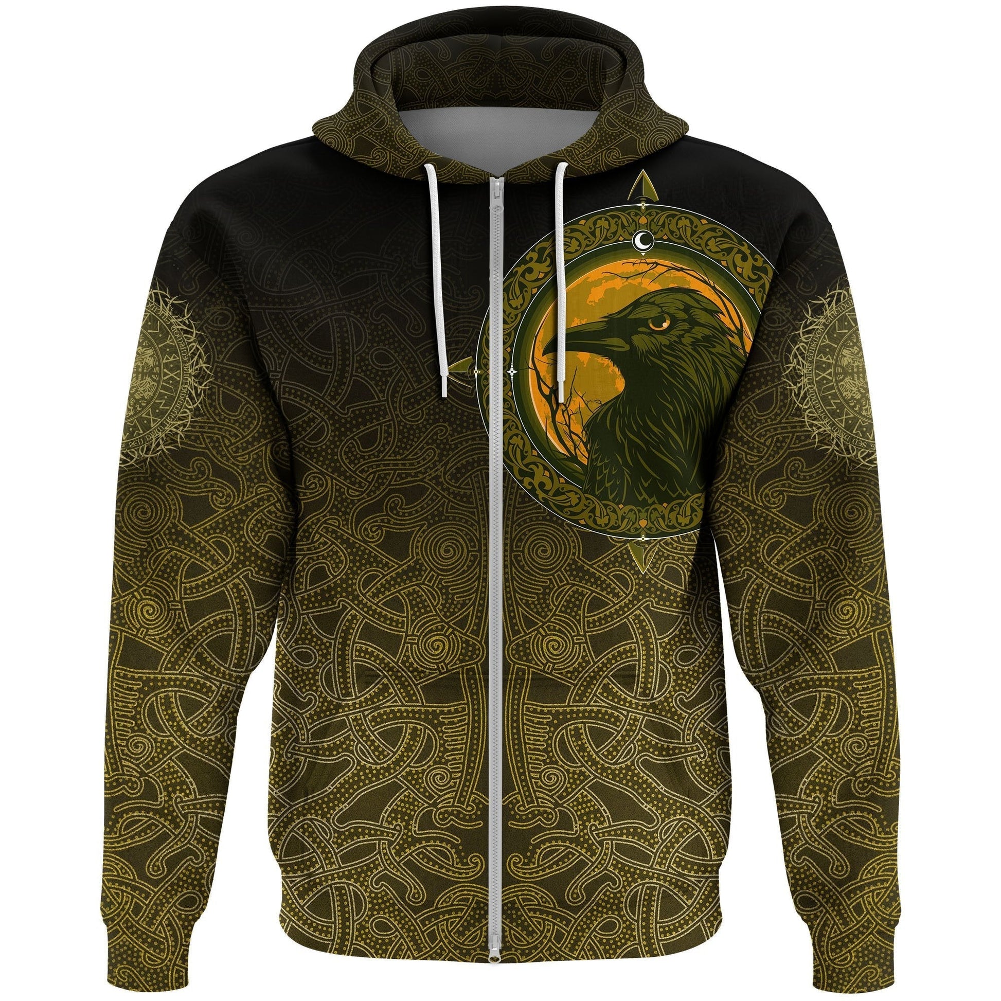 Viking Zip Hoodie, Ethnic Odin Raven Gold RLT12