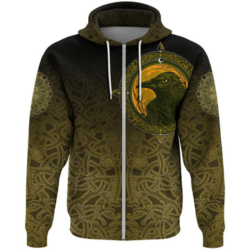 Viking Zip Hoodie, Ethnic Odin Raven Gold RLT12