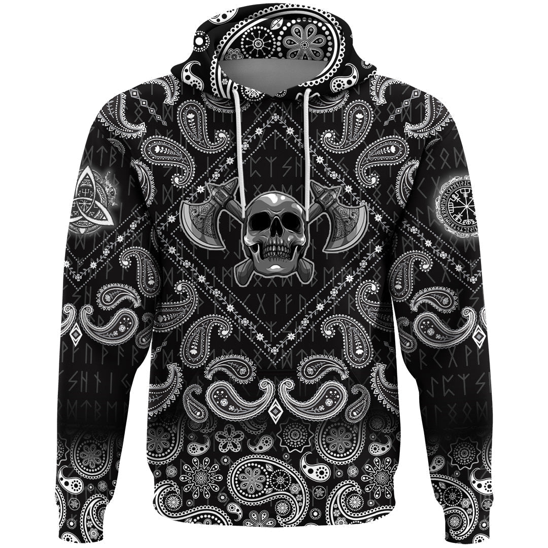 Viking Hoodie Human Skull With Axe with Bandana Paisley Style RLT12