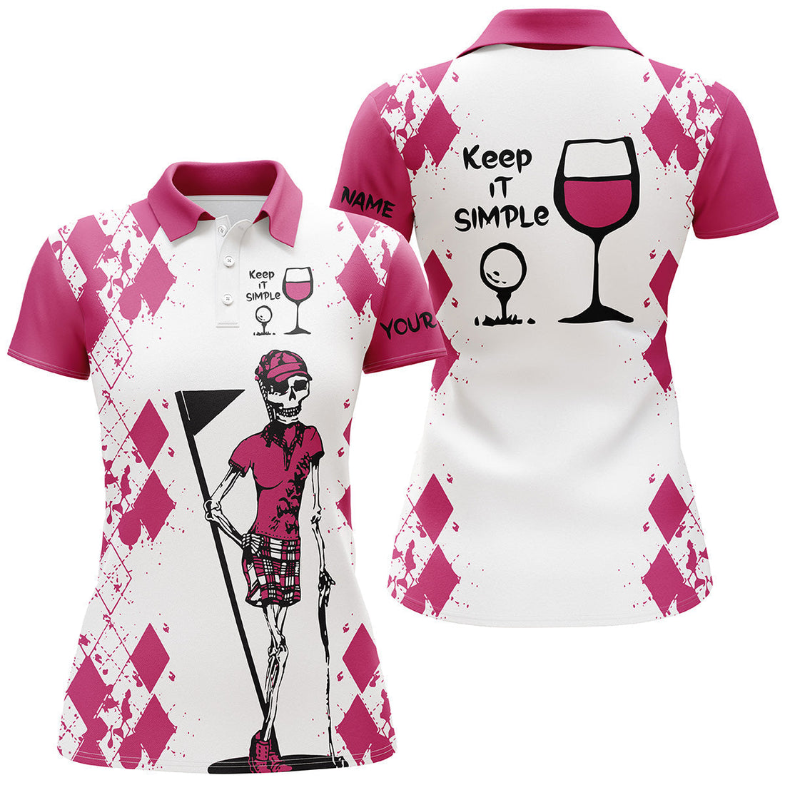 White Pink Womens Golf Shirt Skull Keep It Simple Golf and Wine Custom Name Womens Golf Polo Shirt