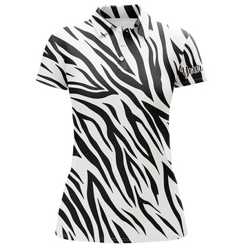 Black And White Zebra Pattern Womens Golf Polo Shirt Custom Name Gift For Golf Lovers