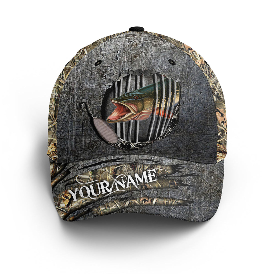 Northern Pike Fishing Camo Custom Fishing Hat Adjustable Mesh Unisex Fishing Baseball Angler Pike Cap, Fishing Classic Cap