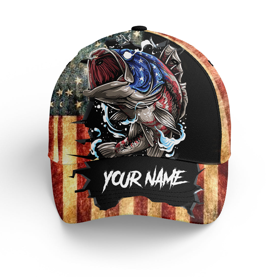 Bass Fishing 3D American Flag Patriotic Custom Fishing Hat Adjustable Mesh Unisex Fishing Baseball Angler Hat, Fishing Classic Cap