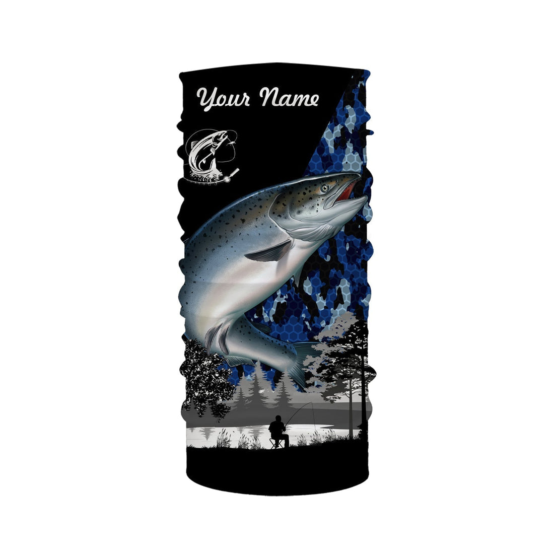 Chinook Salmon (King Salmon) Fish Blue Camo Custom Name Performance Anti UV Long Sleeve Fishing Shirts, Fishing Neck Gaiters