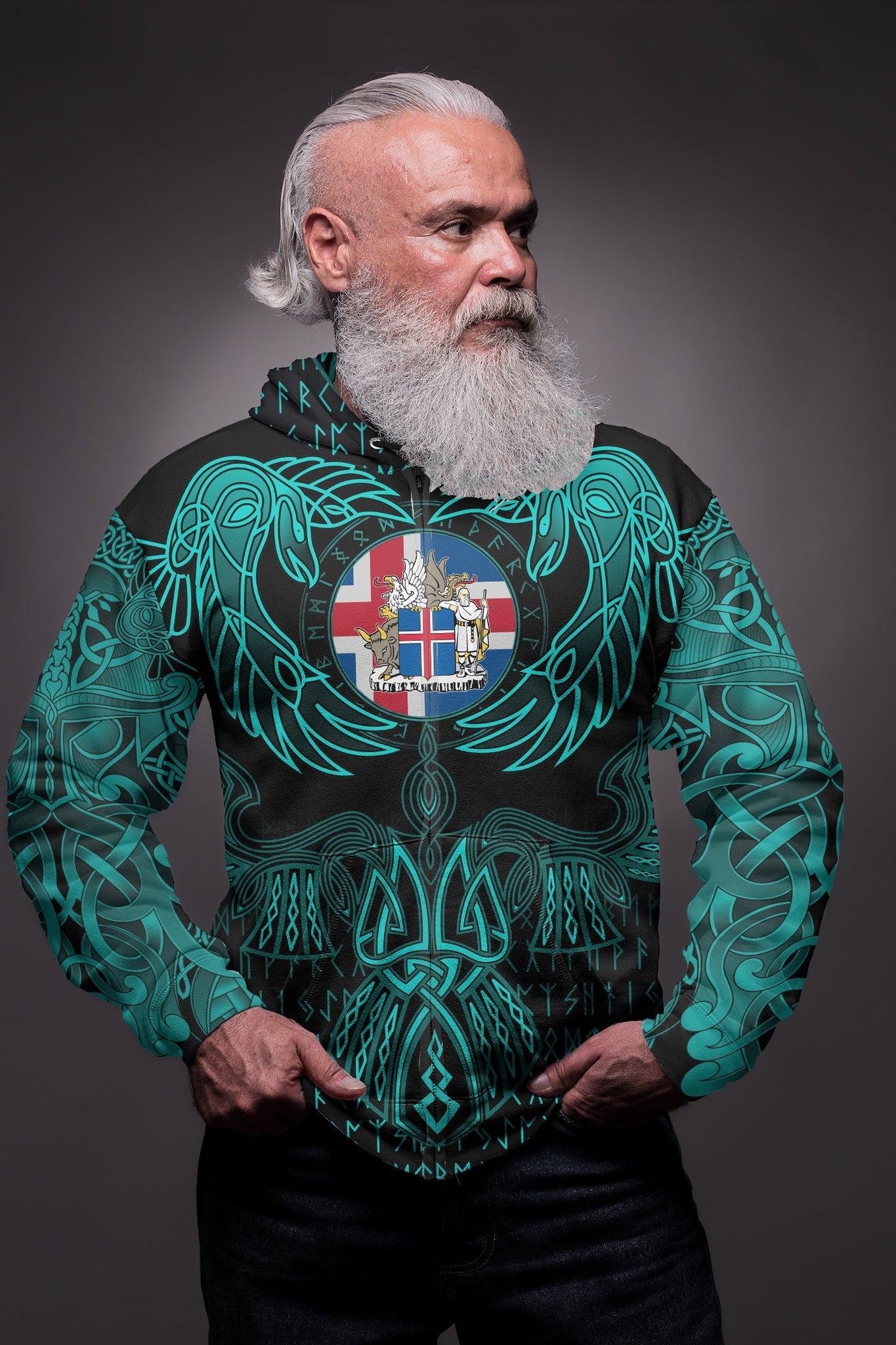 Viking Iceland Zip Hoodie Valknut of Odin Cyan RLT12