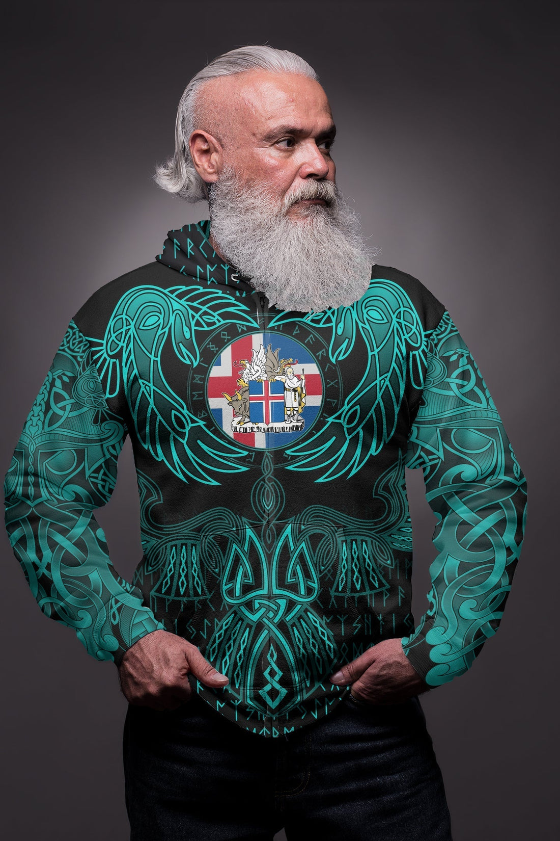 Viking Iceland Zip Hoodie Valknut of Odin Cyan RLT12