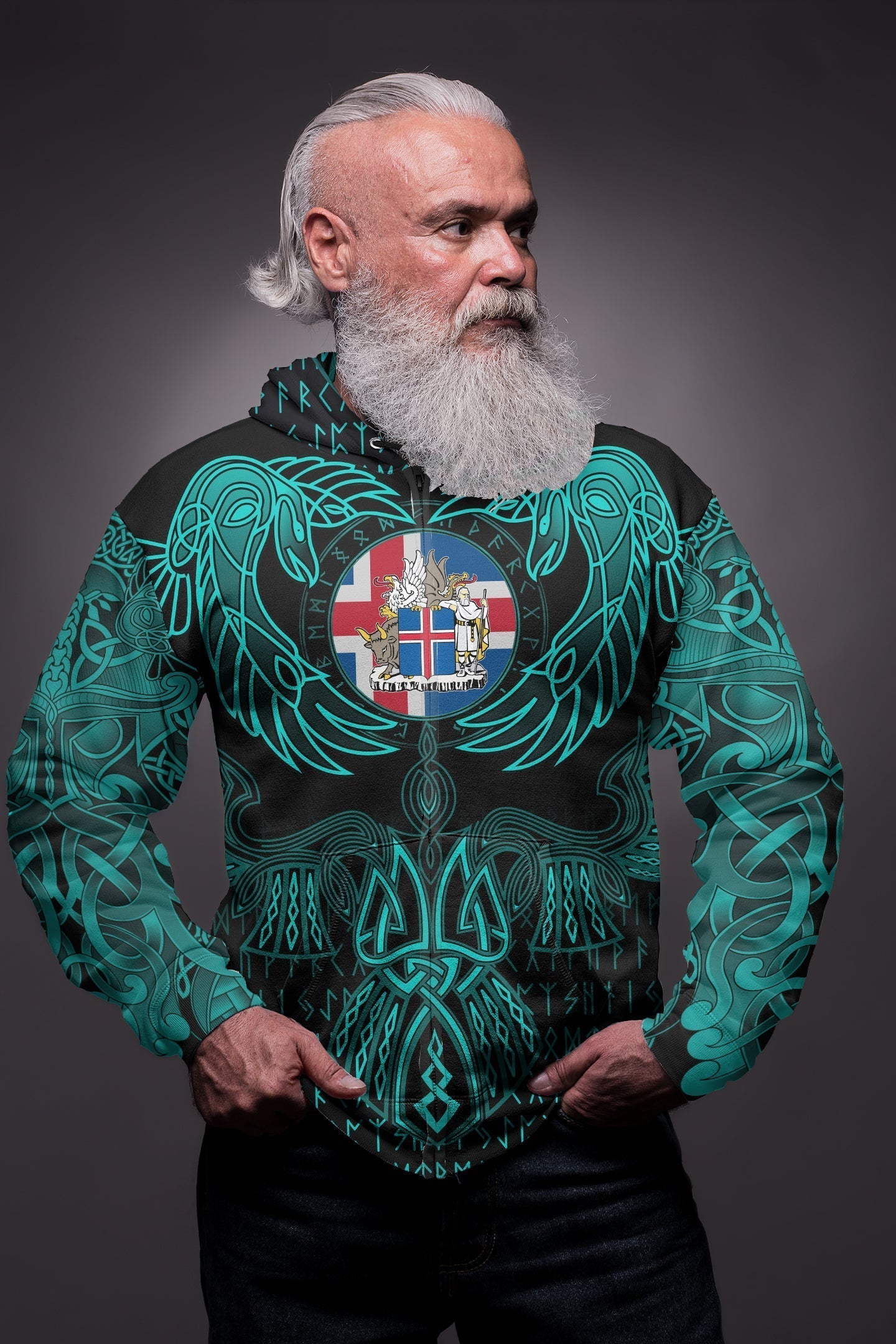 Viking Iceland Zip Hoodie Valknut of Odin Cyan RLT12