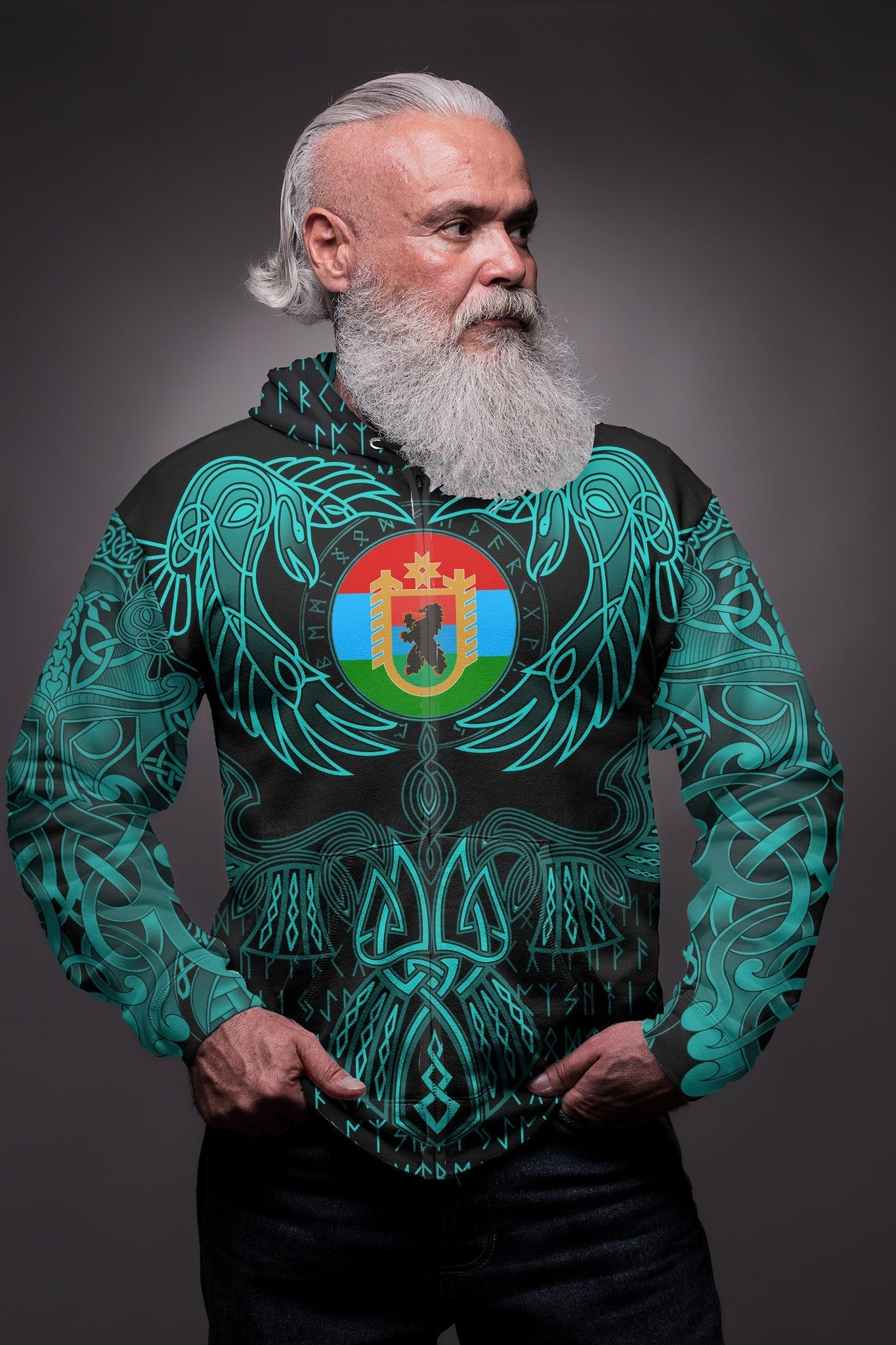 Viking Karelia Zip Hoodie Valknut of Odin Cyan RLT12