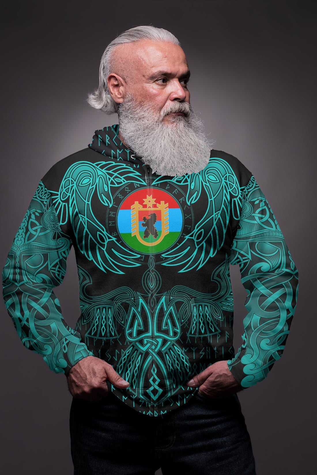 Viking Karelia Zip Hoodie Valknut of Odin Cyan RLT12