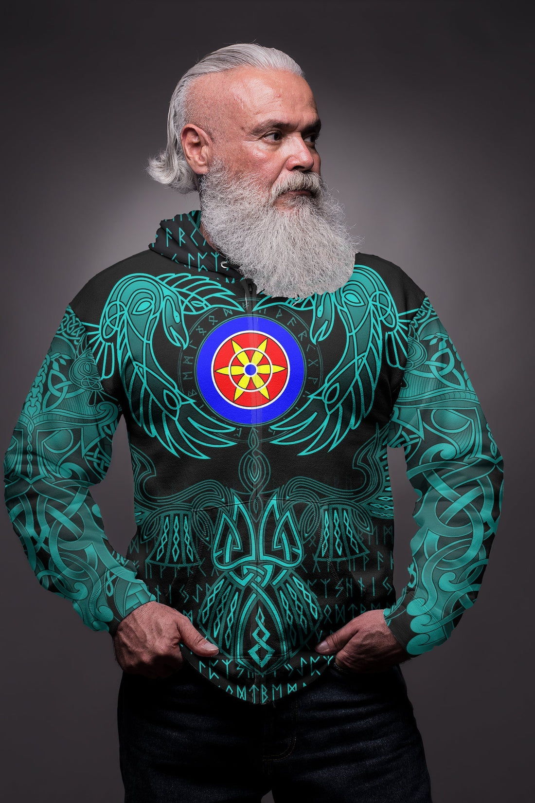 Viking Kven Zip Hoodie Valknut of Odin Cyan RLT12