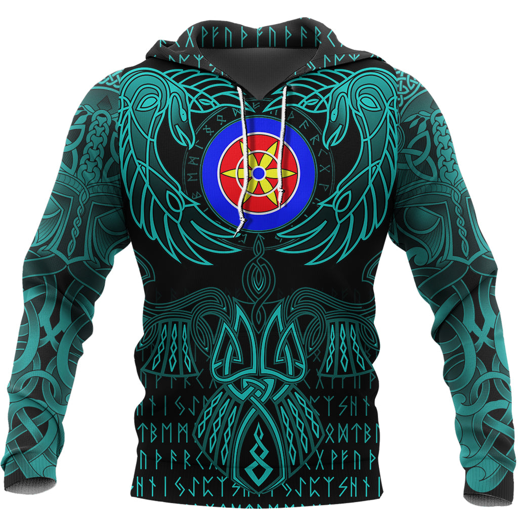 Viking Kven Hoodie Valknut of Odin Cyan RLT12