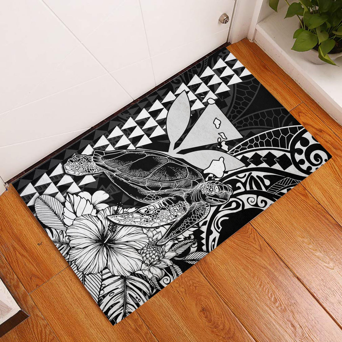 Hawaii Sea Turtle Door Mats Polynesia Kakau with Kanaka Maoli Black LT9