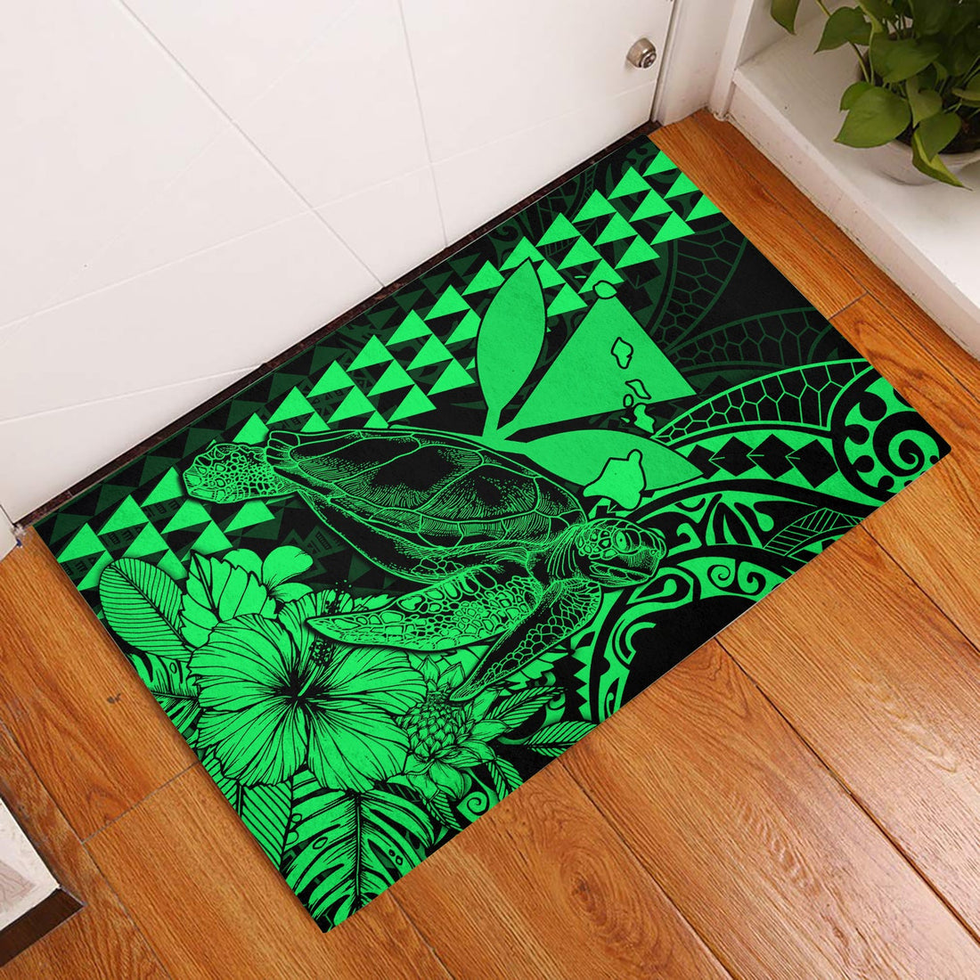 Hawaii Sea Turtle Door Mats Polynesia Kakau with Kanaka Maoli Green LT9