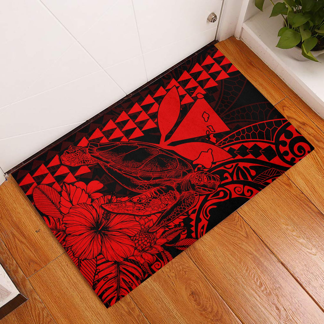 Hawaii Sea Turtle Door Mats Polynesia Kakau with Kanaka Maoli Red LT9
