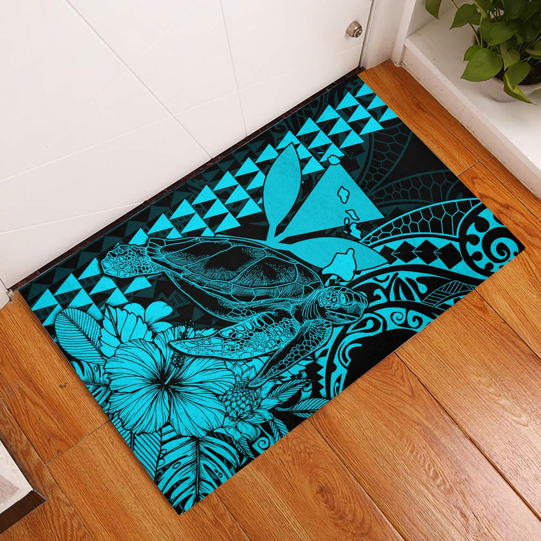 Hawaii Sea Turtle Door Mats Polynesia Kakau with Kanaka Maoli Teal LT9