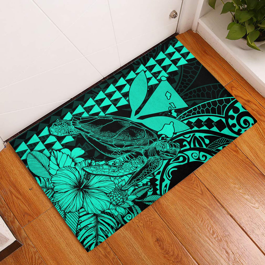 Hawaii Sea Turtle Door Mats Polynesia Kakau with Kanaka Maoli Turquoise LT9