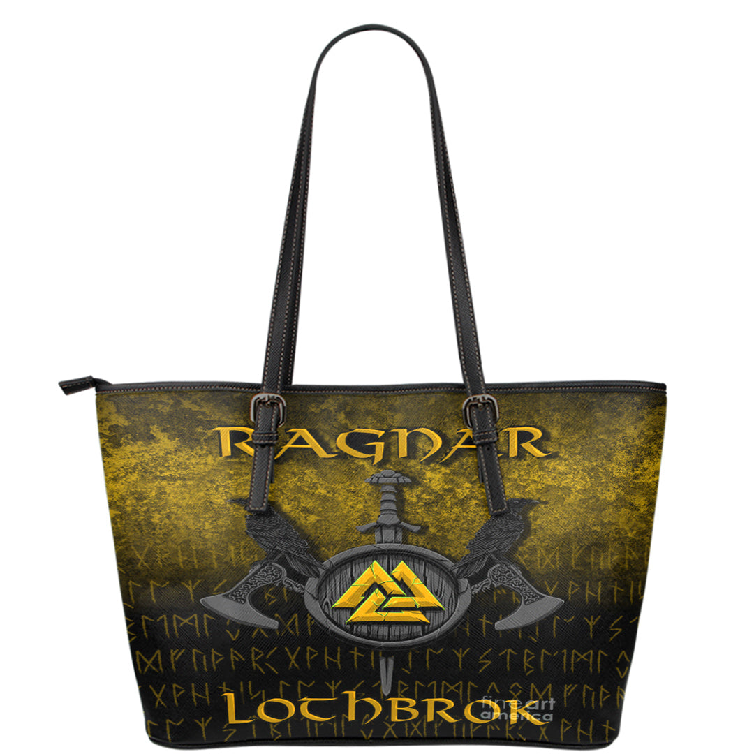 Viking Leather Tote Ragnar Lothbrok Ragnar Lodbrok Viking Warrior Gold Version Leather Tote RLT12
