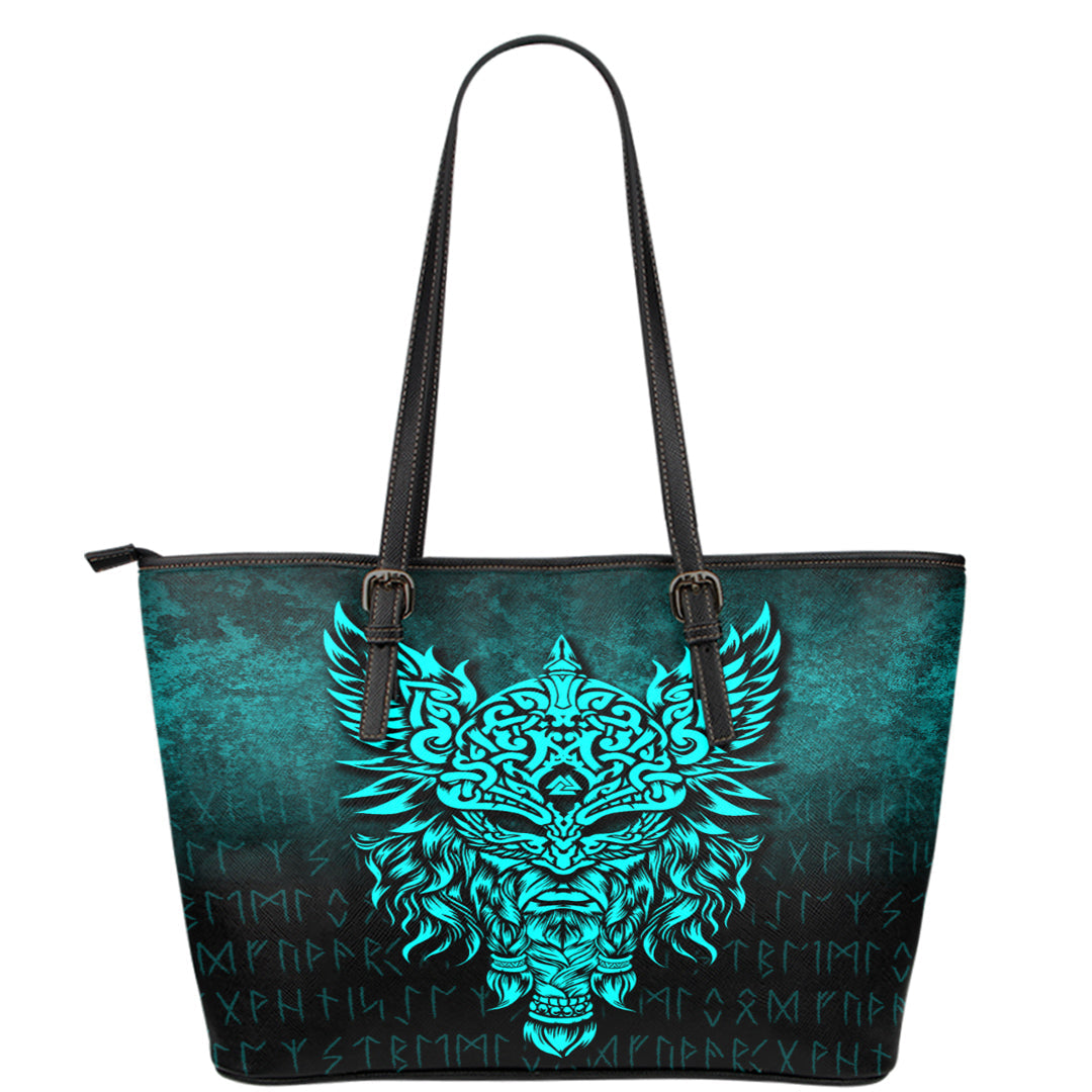 Viking Leather Tote Odin The Allfather Asgard God and Chief Of Aesir Cyan Version Leather Tote RLT12