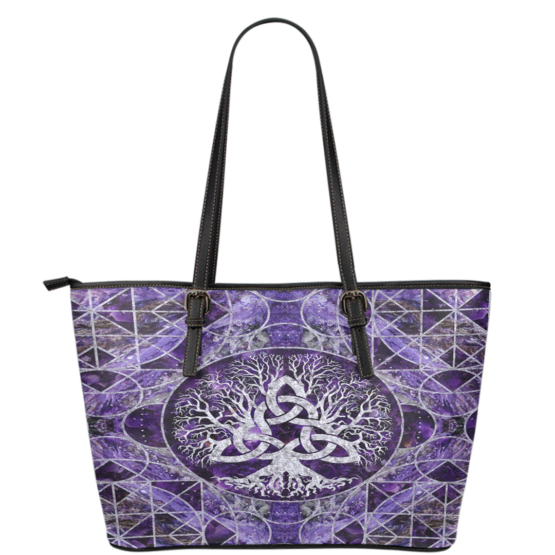Viking Leather Tote Tree Of Life with Triquetra Amethyst and Silver Leather Tote RLT12