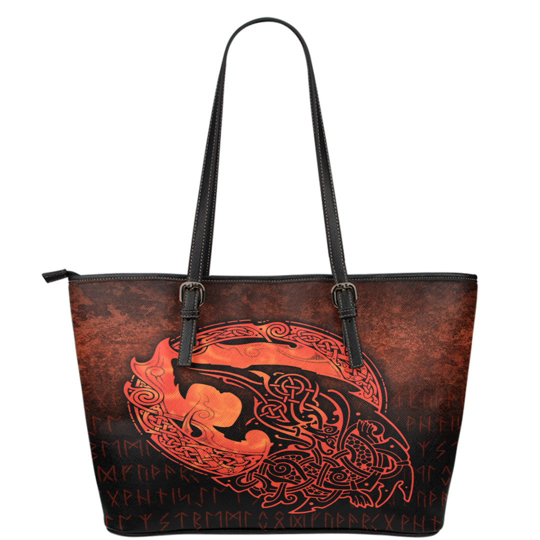 Viking Leather Tote Fenrir Viking 3D Tattoo Orange Version Leather Tote RLT12