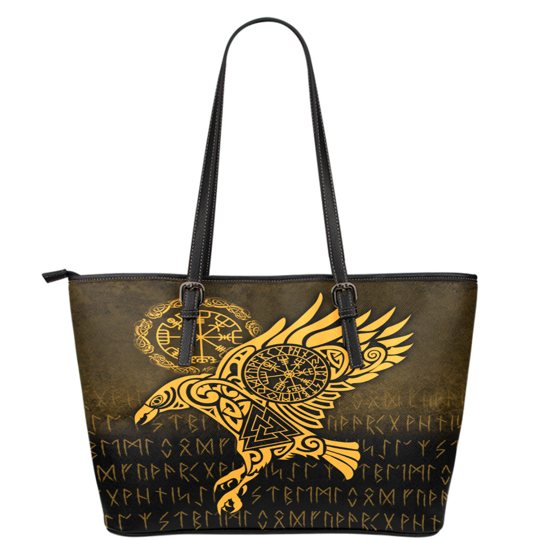 Viking Leather Tote Raven Vegvisir Tattoo Gold Version Leather Tote RLT12