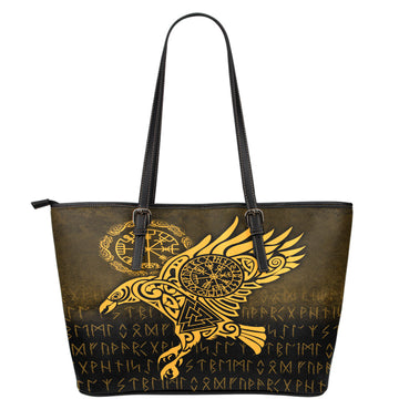 Viking Leather Tote Raven Vegvisir Tattoo Gold Version Leather Tote RLT12