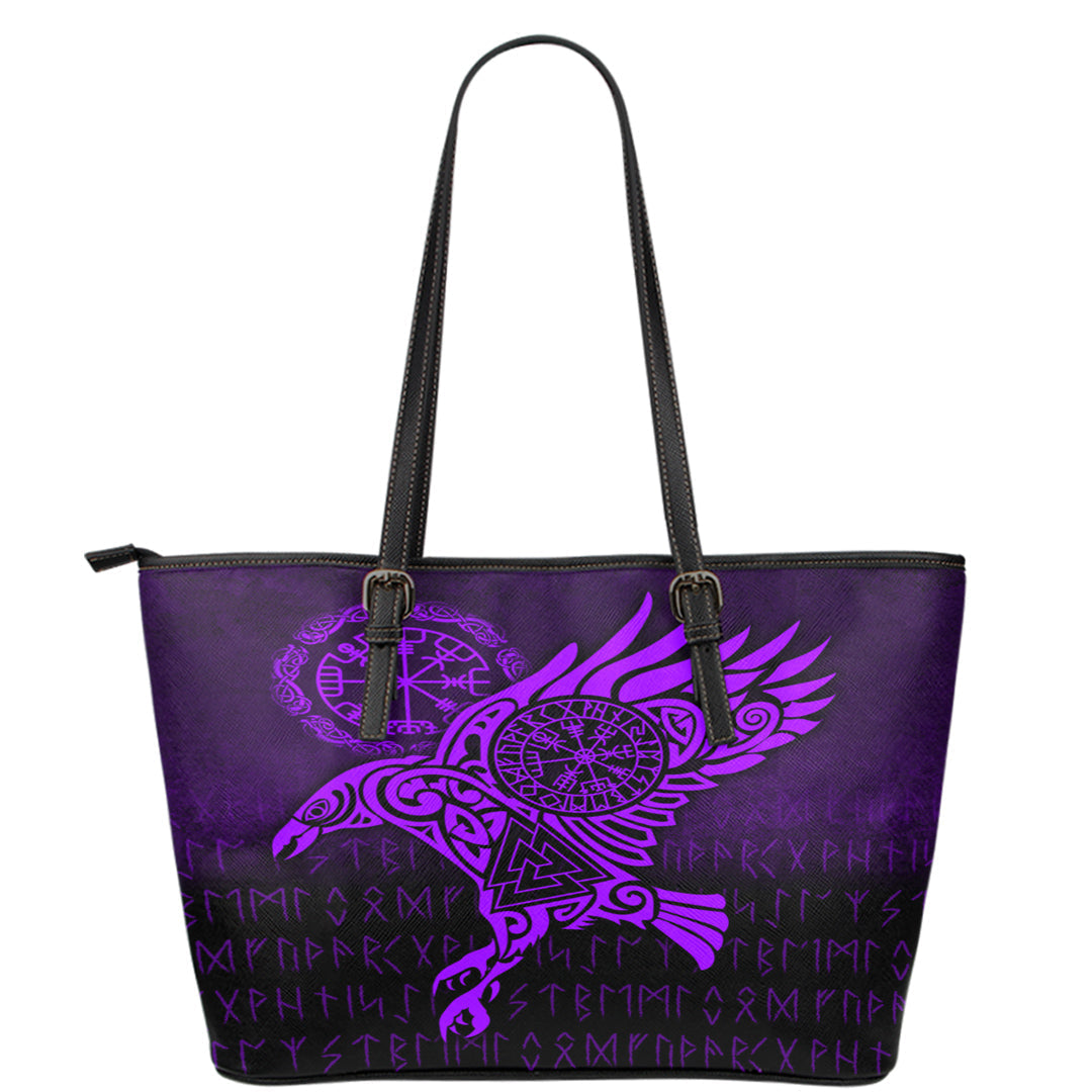 Viking Leather Tote Raven Vegvisir Tattoo Purple Version Leather Tote RLT12