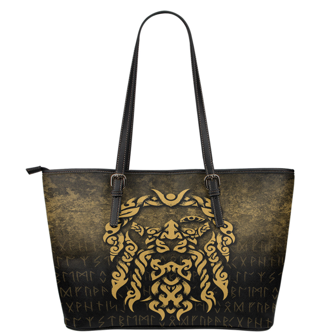 Viking Leather Tote Viking God Odin Allfather In Asgard Raven God Gold Version Leather Tote RLT12