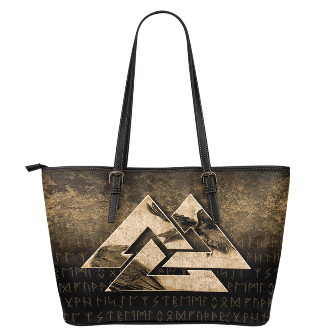 Viking Leather Tote Huginn Muninn Ravens from Odin Viking Gold Version Leather Tote RLT12