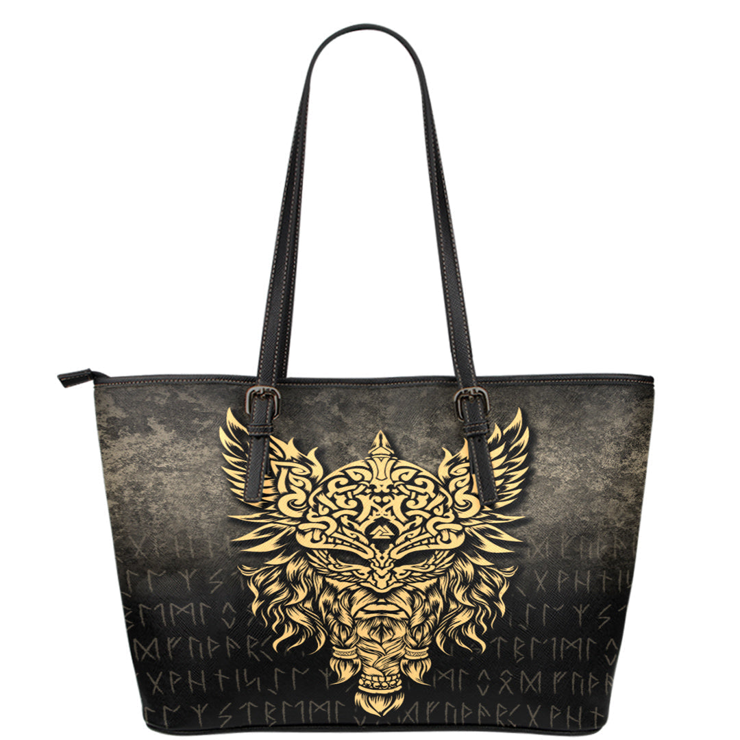 Viking Leather Tote Odin The Allfather Asgard God and Chief Of Aesir Gold Version Leather Tote RLT12