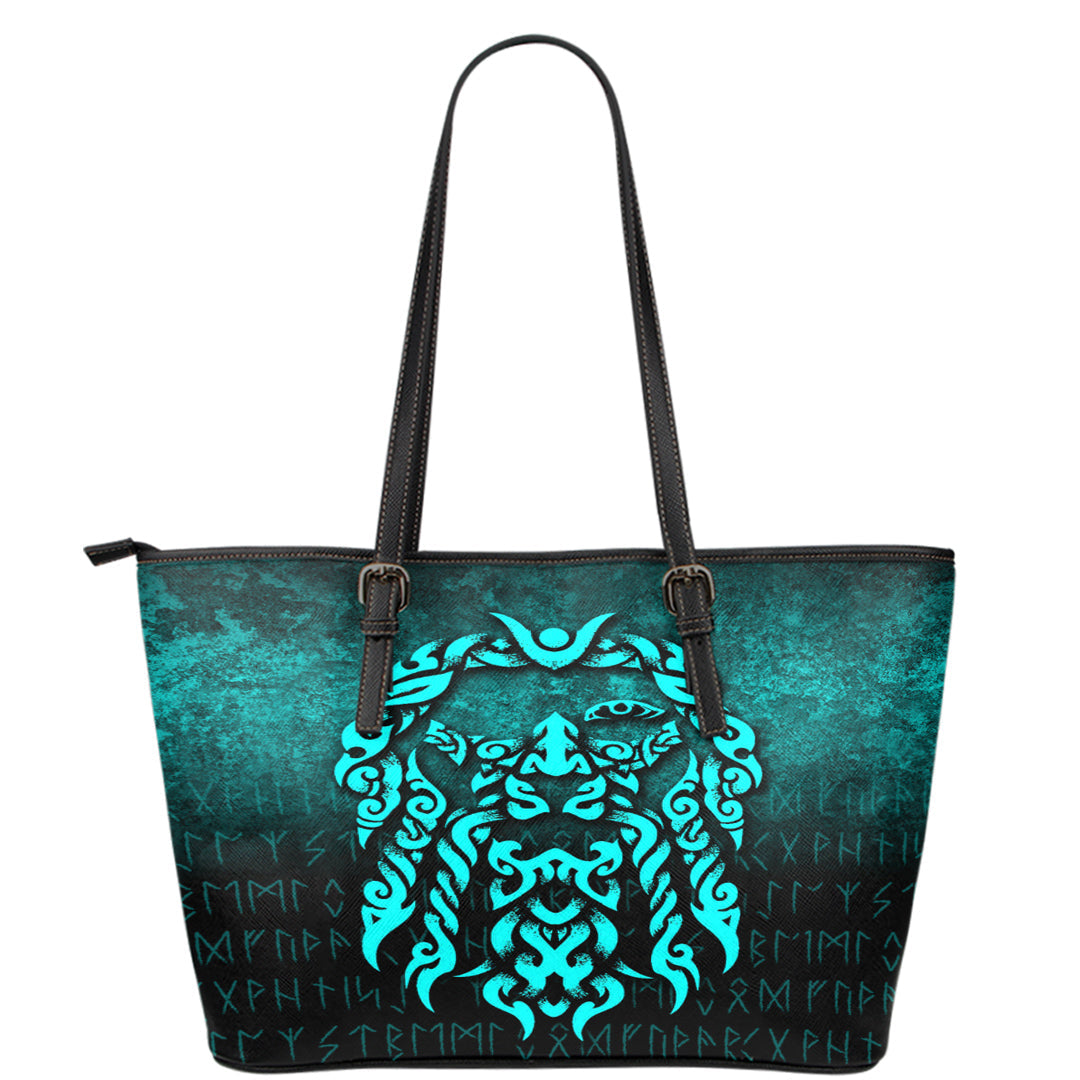 Viking Leather Tote Viking God Odin Allfather In Asgard Raven God Cyan Version Leather Tote RLT12