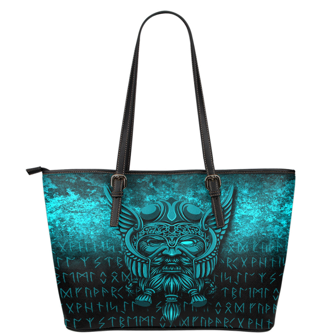 Viking Leather Tote Viking Odin Allfather In Asgard Cyan Version Leather Tote RLT12