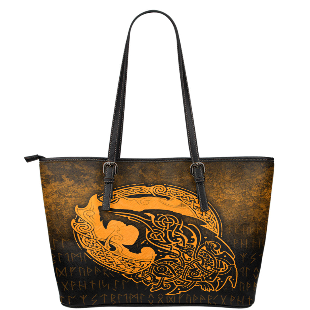 Viking Leather Tote Fenrir Viking 3D Tattoo Gold Version Leather Tote RLT12