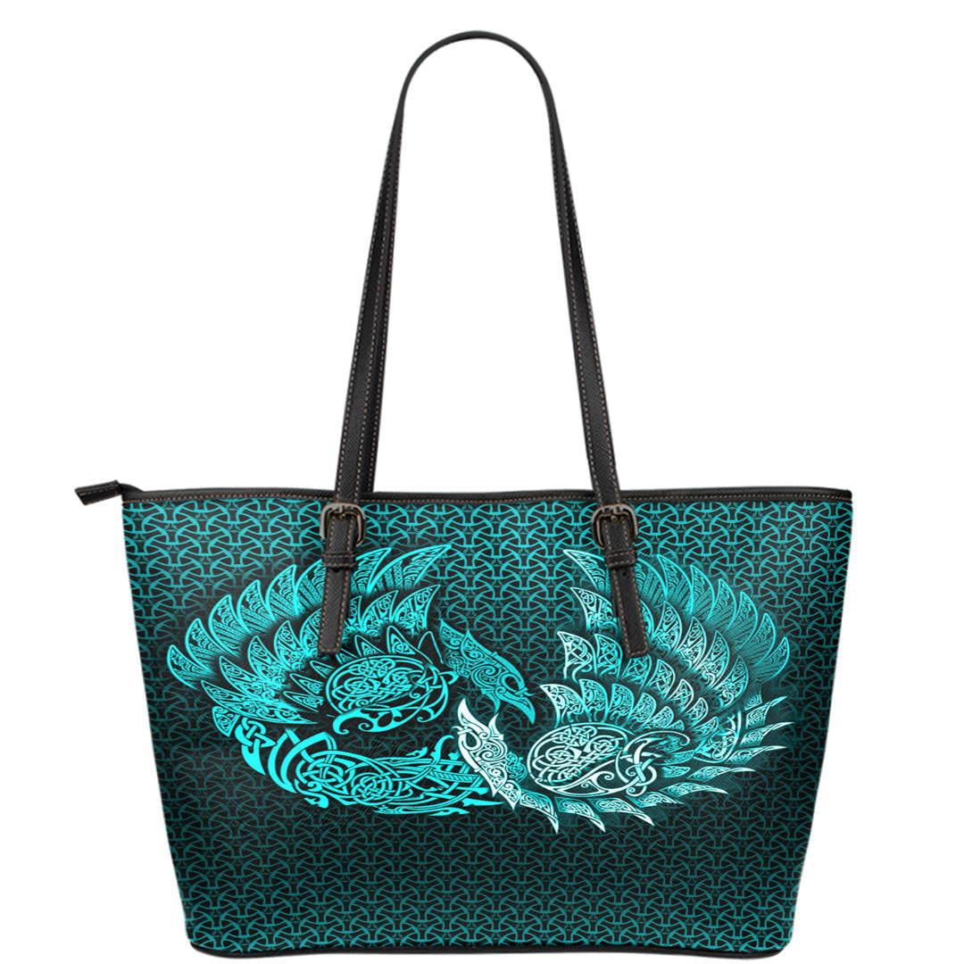 Viking Leather Tote Ragnarok Huginn Muninn Cyan Version Leather Tote RLT12